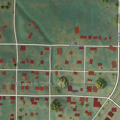 Close-up of the map of Prescott, Iowa print showing street and building detail