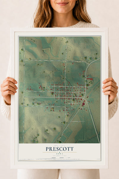 Map of Prescott, Iowa, 18 x 24 inch print in a white wood frame