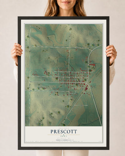 Map of Prescott, Iowa, 24 x 36 inch print in a black wood frame