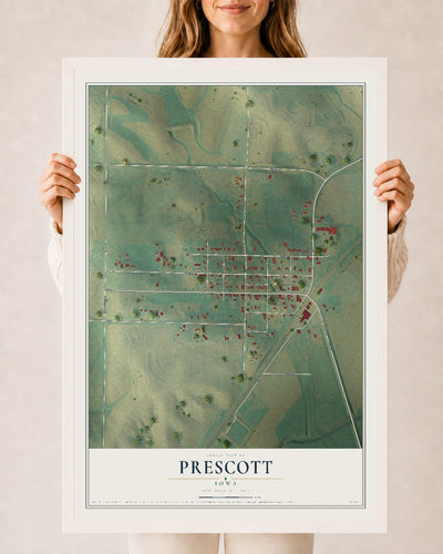 Map of Prescott, Iowa, 24 x 36 inch print in a white wood frame