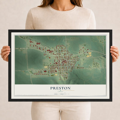 Map of Preston, Iowa, 12 x 18 inch print in a black wood frame