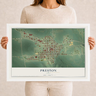 Map of Preston, Iowa, 12 x 18 inch print in a white wood frame