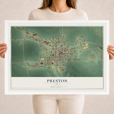 Map of Preston, Iowa, 18 x 24 inch print in a white wood frame