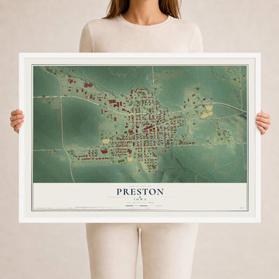 Map of Preston, Iowa, 24 x 36 inch print in a white wood frame