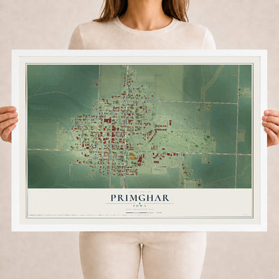 Map of Primghar, Iowa, 18 x 24 inch print in a white wood frame