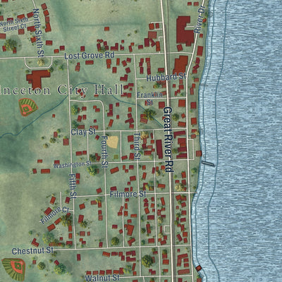 Close-up of the map of Princeton, Iowa print showing street and building detail