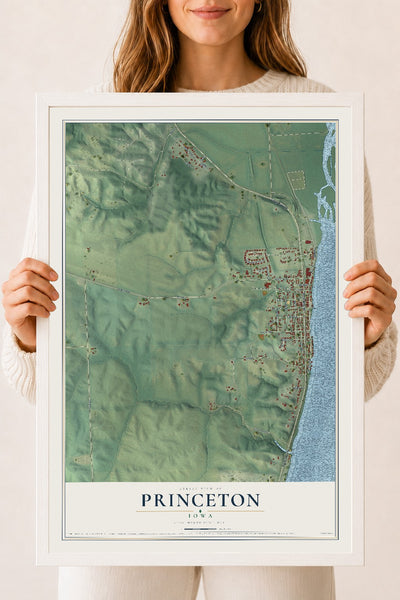 Map of Princeton, Iowa, 18 x 24 inch print in a white wood frame