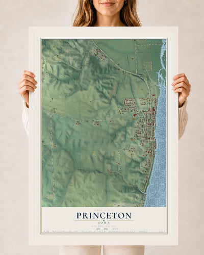 Map of Princeton, Iowa, 24 x 36 inch print in a white wood frame