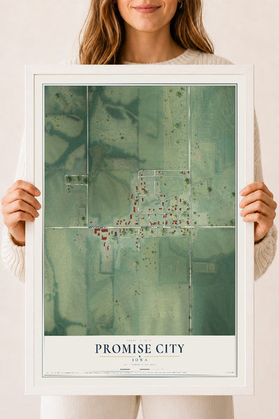 Map of Promise City, Iowa, 18 x 24 inch print in a white wood frame