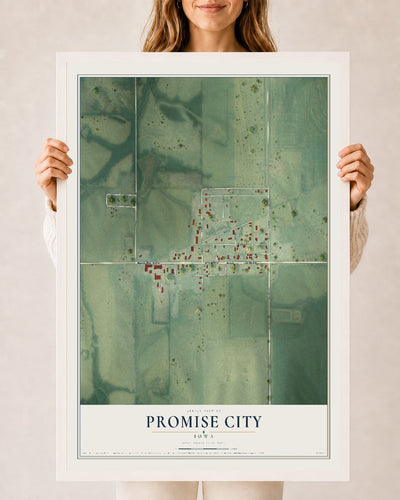 Map of Promise City, Iowa, 24 x 36 inch print in a white wood frame