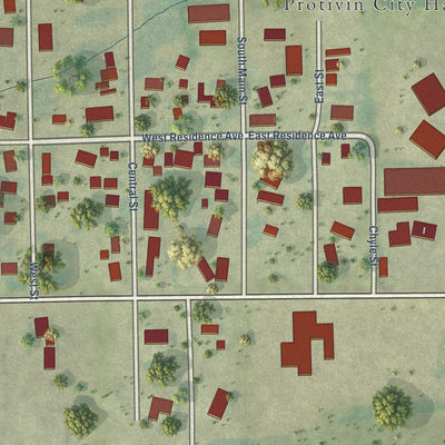 Close-up of the map of Protivin, Iowa print showing street and building detail