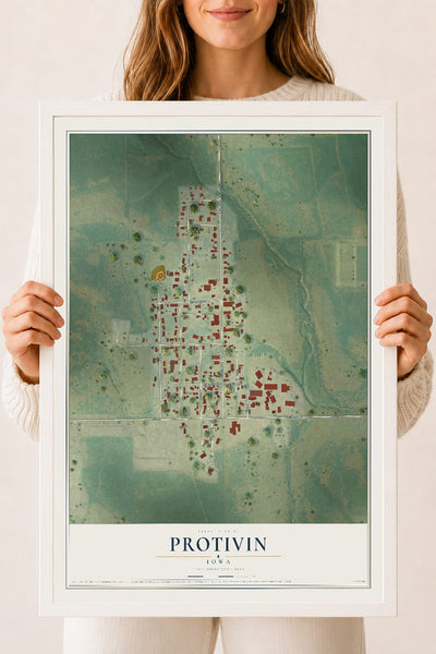 Map of Protivin, Iowa, 18 x 24 inch print in a white wood frame
