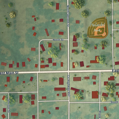 Close-up of the map of Pulaski, Iowa print showing street and building detail