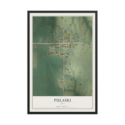Map of Pulaski, Iowa, 12 x 18 inch print in a black wood frame