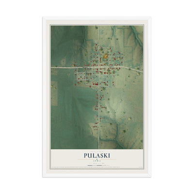 Map of Pulaski, Iowa, 12 x 18 inch print in a white wood frame