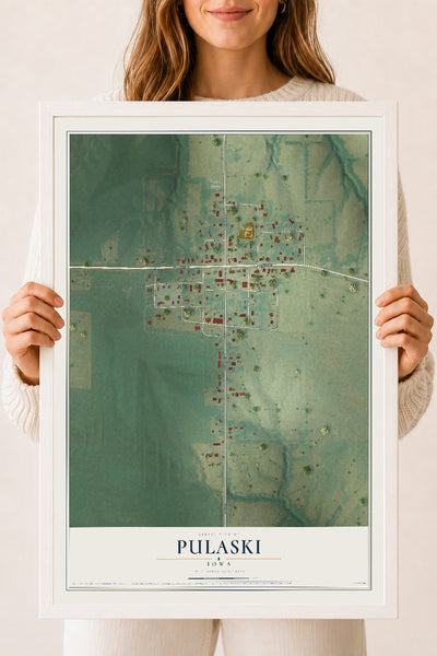 Map of Pulaski, Iowa, 18 x 24 inch print in a white wood frame