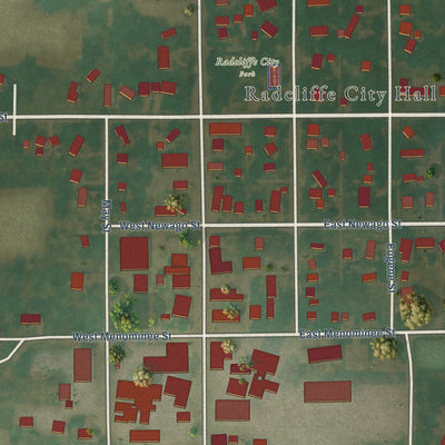 Close-up of the map of Radcliffe, Iowa print showing street and building detail