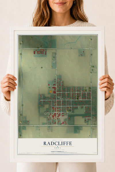 Map of Radcliffe, Iowa, 18 x 24 inch print in a white wood frame