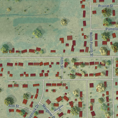Close-up of the map of Raymond, Iowa print showing street and building detail