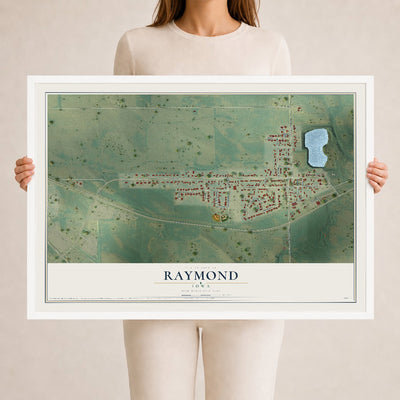 Map of Raymond, Iowa, 24 x 36 inch print in a white wood frame