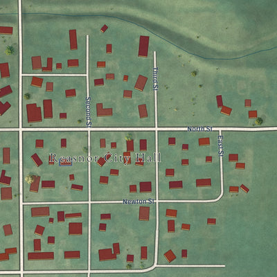 Close-up of the map of Reasnor, Iowa print showing street and building detail
