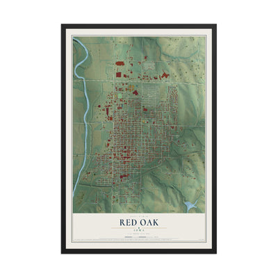 Map of Red Oak, Iowa, 12 x 18 inch print in a black wood frame