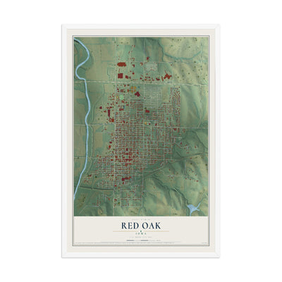 Map of Red Oak, Iowa, 12 x 18 inch print in a white wood frame