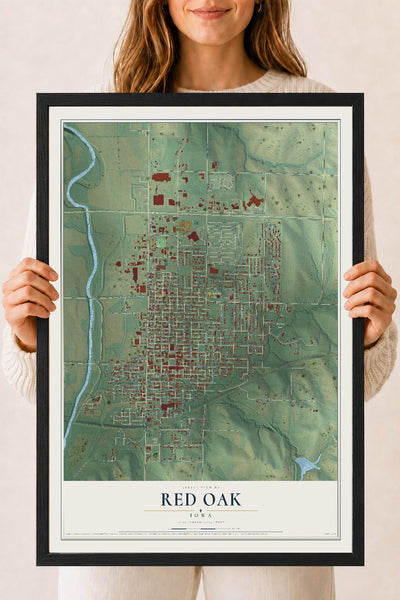 Map of Red Oak, Iowa, 18 x 24 inch print in a black wood frame