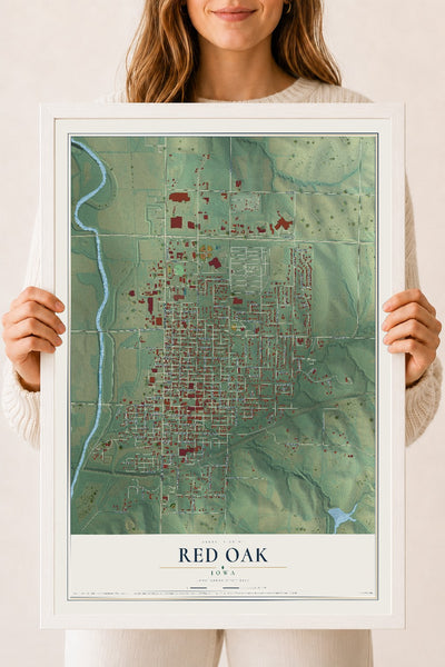 Map of Red Oak, Iowa, 18 x 24 inch print in a white wood frame