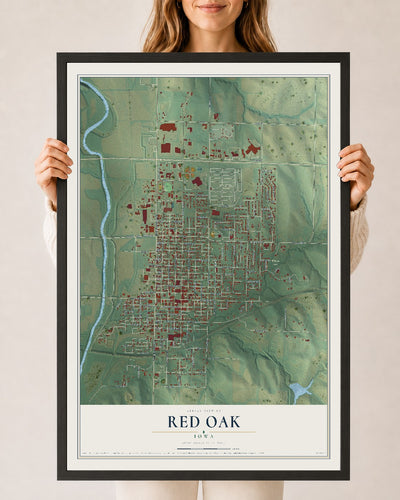 Map of Red Oak, Iowa, 24 x 36 inch print in a black wood frame