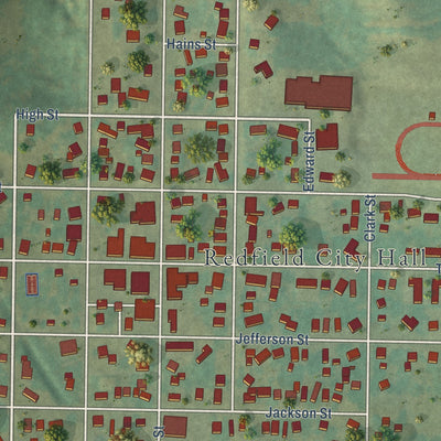 Close-up of the map of Redfield, Iowa print showing street and building detail