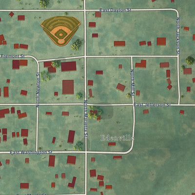 Close-up of the map of Rhodes, Iowa print showing street and building detail