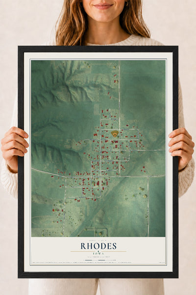 Map of Rhodes, Iowa, 18 x 24 inch print in a black wood frame