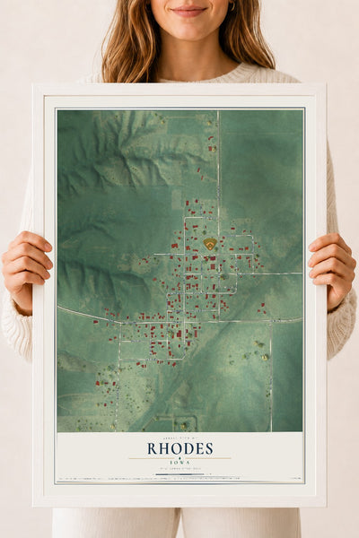 Map of Rhodes, Iowa, 18 x 24 inch print in a white wood frame