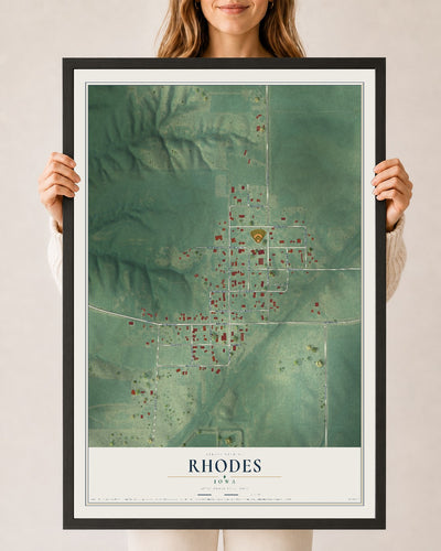 Map of Rhodes, Iowa, 24 x 36 inch print in a black wood frame