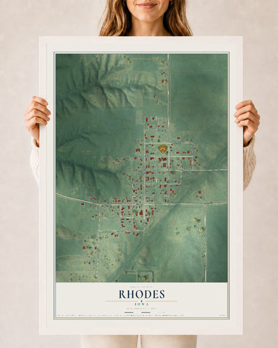 Map of Rhodes, Iowa, 24 x 36 inch print in a white wood frame