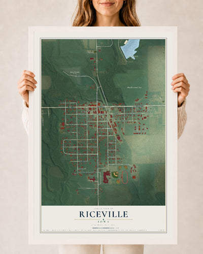 Map of Riceville, Iowa, 24 x 36 inch print in a white wood frame