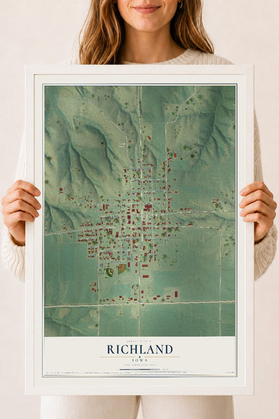 Map of Richland, Iowa, 18 x 24 inch print in a white wood frame
