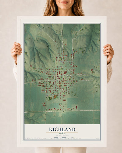 Map of Richland, Iowa, 24 x 36 inch print in a white wood frame