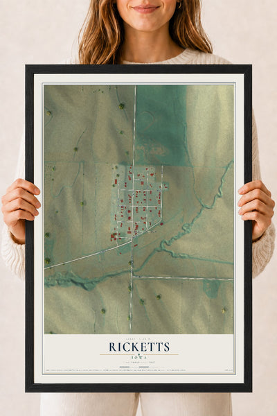 Map of Ricketts, Iowa, 18 x 24 inch print in a black wood frame