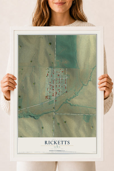 Map of Ricketts, Iowa, 18 x 24 inch print in a white wood frame