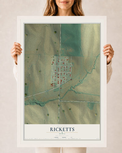 Map of Ricketts, Iowa, 24 x 36 inch print in a white wood frame