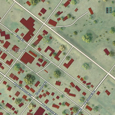 Close-up of the map of Ridgeway, Iowa print showing street and building detail