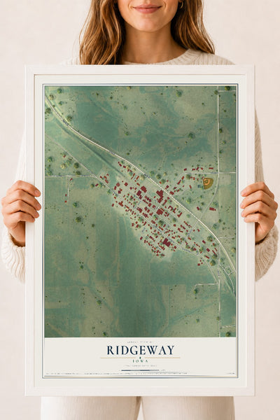 Map of Ridgeway, Iowa, 18 x 24 inch print in a white wood frame