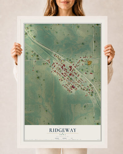 Map of Ridgeway, Iowa, 24 x 36 inch print in a white wood frame