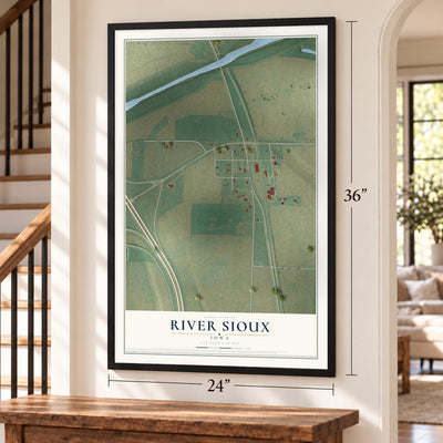 River Sioux, Iowa map, 24 x 36 inch print in a black frame by a staircase