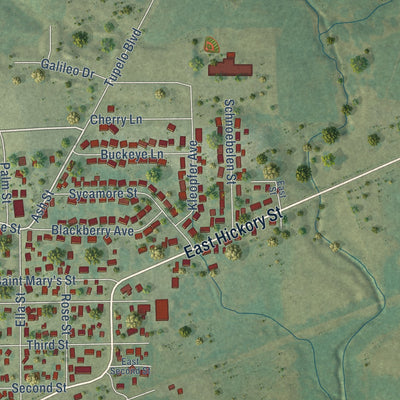 Close-up of the map of Riverside, Iowa print showing street and building detail
