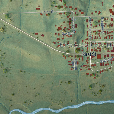 Second close-up of the map of Riverside, Iowa print showing more streets and buildings