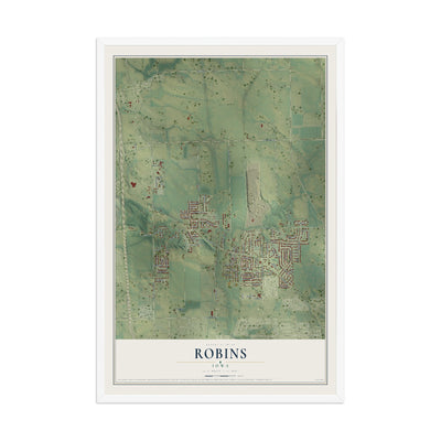 Map of Robins, Iowa, 12 x 18 inch print in a white wood frame