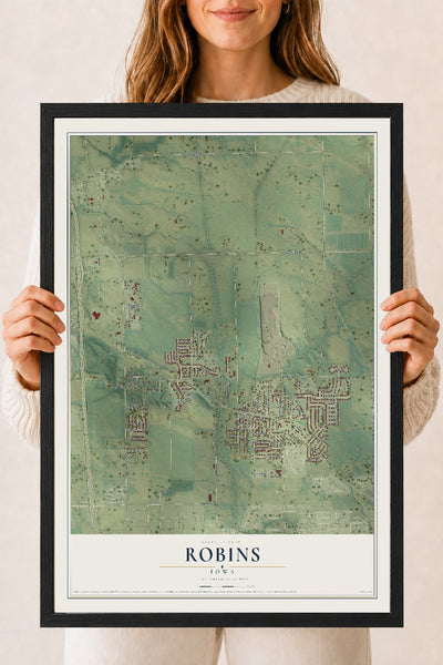 Map of Robins, Iowa, 18 x 24 inch print in a black wood frame